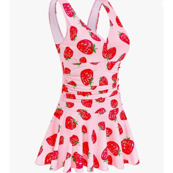 Aontus Swim Dress 4XL Pink Strawberry Print Adjustable 82 Nylon 18 Spandex NWT - Picture 1 of 8